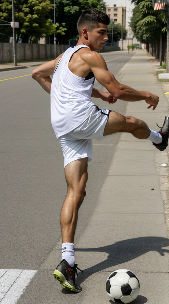 boy, street football player, athletic build, Peruvian nationality, in move, one leg is bent and kicks a soccer ball, one foot is on the ground, full length, semi profile, wearing a white sleeveless tank top and black shorts, Excellent quality, Photo, excellent dentalization, high quality