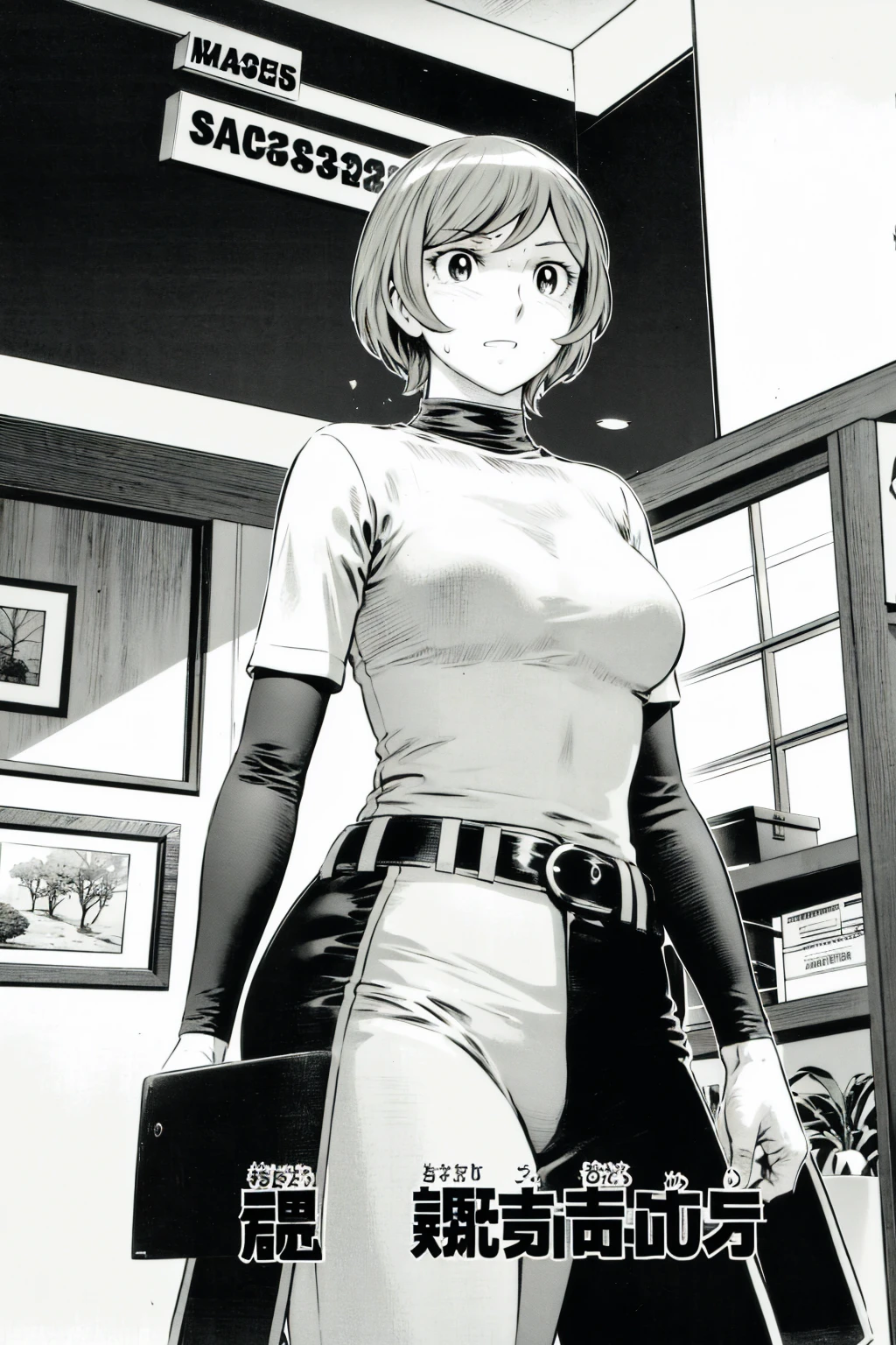、(masterpiece、Highest quality)、Highest quality, Ultra-high resolution, (((masterpiece))), alone, Sweat、Big eyes,Tight black shirt、Tight white pants、belt、indoor、Composition from the front、（Cut the back hair short、short hair、blonde、woman）、Shortcuts、Embarrassed face、Cut your hair short、可愛いwomanの子、Big Breasts、office