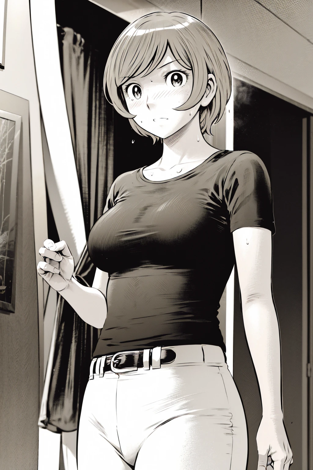 、(masterpiece、Highest quality)、Highest quality, Ultra-high resolution, (((masterpiece))), alone, Sweat、Big eyes,Tight black shirt、Tight white pants、belt、indoor、Composition from the front、(Cut the back hair short、short hair、blonde、woman)、Shortcuts、Embarrassed face、Cut your hair short、可愛いwomanの子、Big Breasts、office