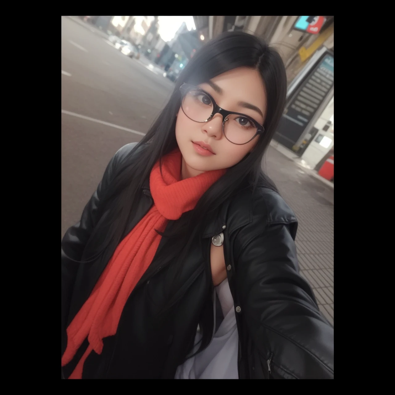 A woman with a round face, long black hair, side hairstyle medium nose, medium lips, big eyes with medium square lenses and purple frames, closed black jacket, Brown eyes