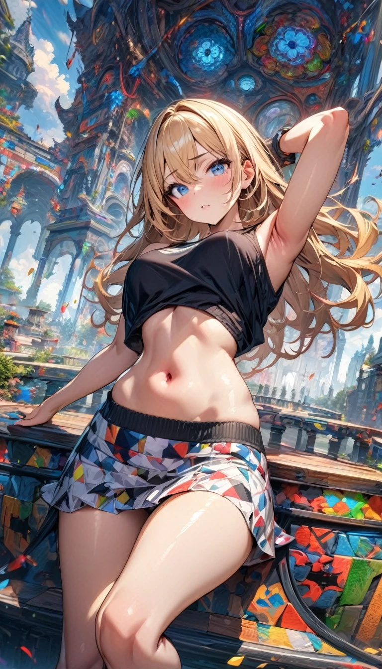 ((masterpiece)), (((best quality))), ((extremely detailed)), colorful, hdr, 1girl, solo, black tank top, blond hair, blue eye, black tank top, mini black and white skirt, navel visible