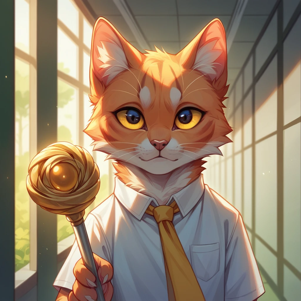 In a bright hallway outside the classroom, there is a close-up shot with dramatic lighting: an adult orange cat with cocked eyes, wearing a yellow tie, looking at a glowing mini golden wand in front of it. A small orange cat wearing a white t-shirt is holding the wand. Ensure to generate a movie-grade, hyper-realistic style photograph.