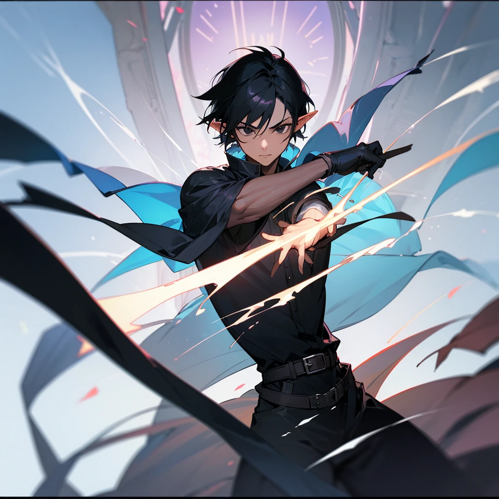 A man with short, black hair, black eyes, black shirt, elf race, is a wizard, has 2 arms, looks like cid kagenou.