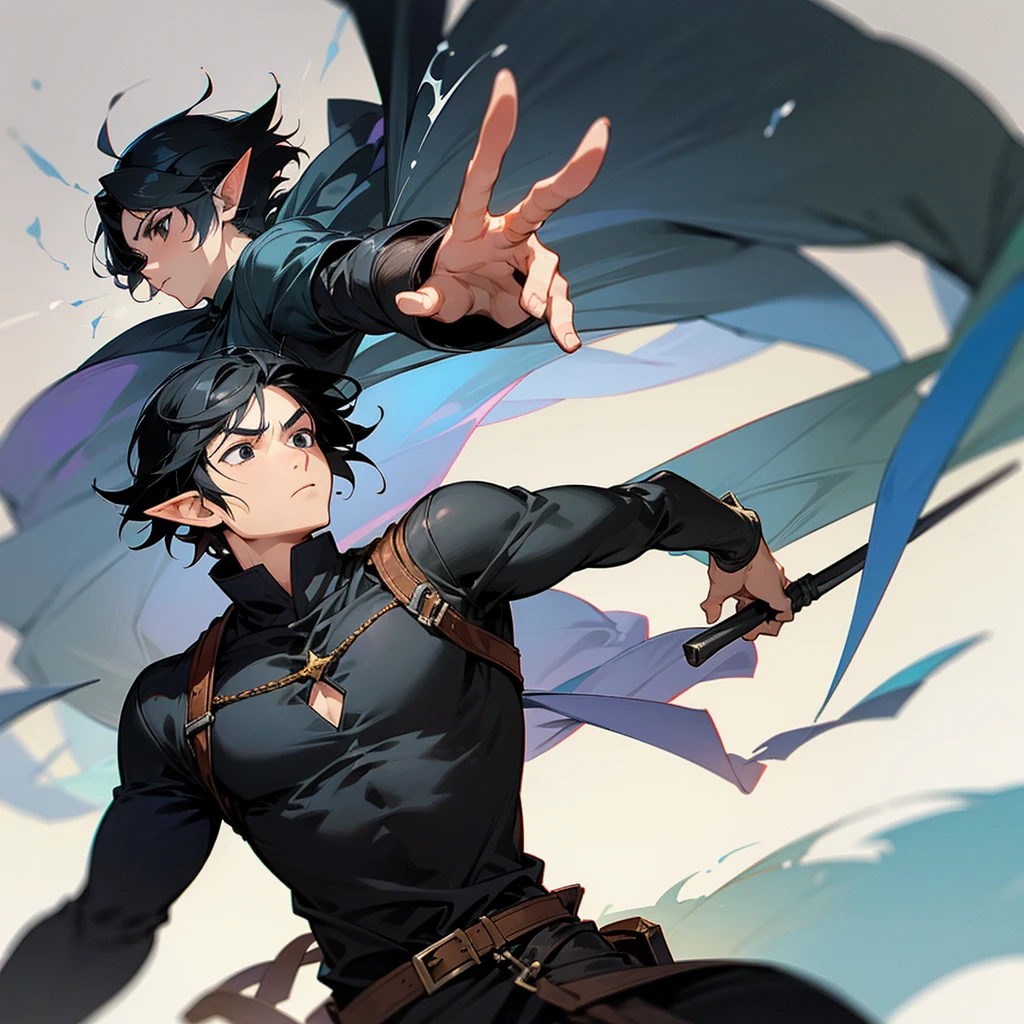 A man with short, black hair, black eyes, black shirt, elf race, is a wizard, has 2 arms, looks like cid kagenou.