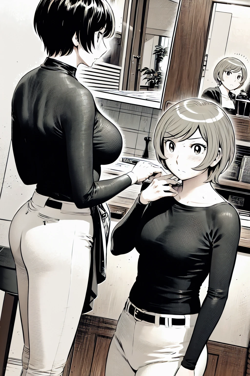 、(masterpiece、Highest quality)、Highest quality, Ultra-high resolution, (((masterpiece))), alone, Sweat、Big eyes,Tight black shirt、Tight white pants、belt、indoor、Composition from the front、(Cut the back hair short、short hair、blonde、woman)、Shortcuts、Embarrassed face、Cut your hair short、可愛いwomanの子、Big Breasts、Inside the room、Full Color、Baseball uniform