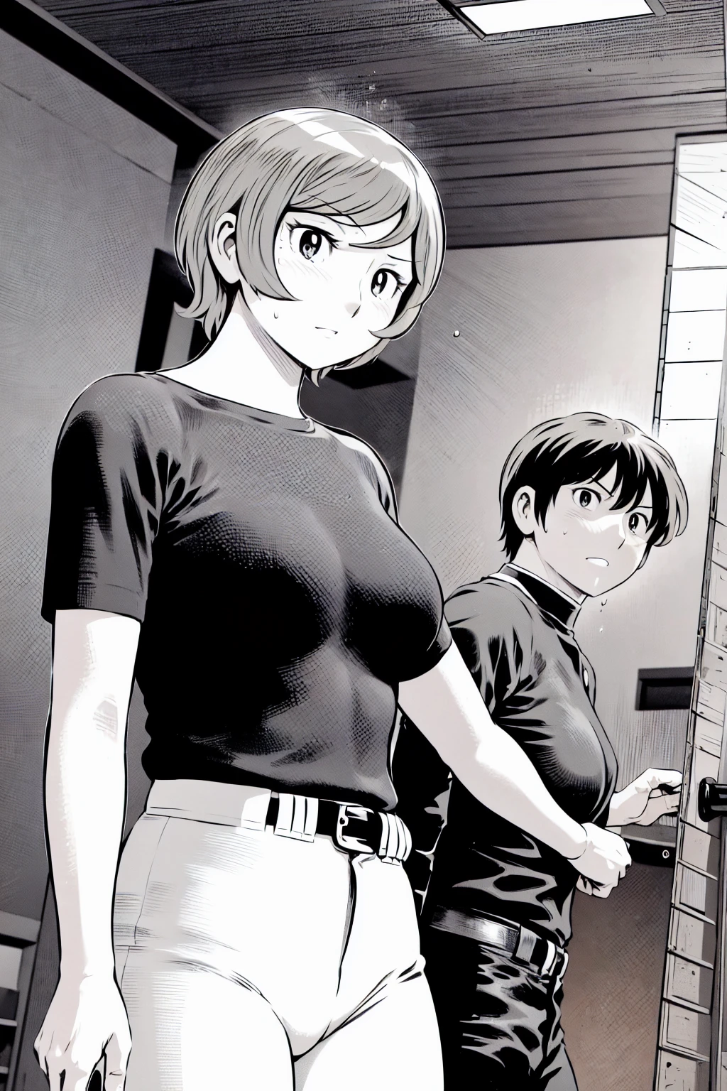 、(masterpiece、Highest quality)、Highest quality, Ultra-high resolution, (((masterpiece))), alone, Sweat、Big eyes,Tight black shirt、Tight white pants、belt、indoor、Composition from the front、(Cut the back hair short、short hair、blonde、woman)、Shortcuts、Embarrassed face、Cut your hair short、可愛いwomanの子、Big Breasts、Inside the room、Full Color、Baseball uniform