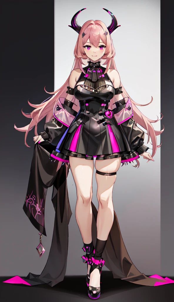 1 girl, dark pink hair, long bangs, black horns, pink eyes, long and short hair back, Black latex bodysuit, concept, vtuber, character concept art, original character, Model vtuber, vtuber-fullbody, vtubermodel, style of, Art Style, The parrot, wlsdnjs950, use it_, Masterpiece, perfect symmetry

