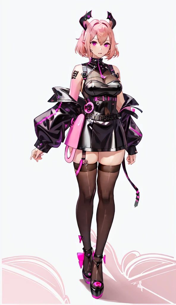 1 girl, dark pink hair, long bangs, black horns, pink eyes, long and short hair back, Black latex bodysuit, concept, vtuber, character concept art, original character, Model vtuber, vtuber-fullbody, vtubermodel, style of, Art Style, The parrot, wlsdnjs950, use it_, Masterpiece, perfect symmetry

