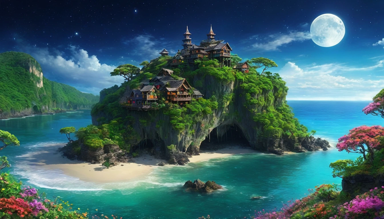 Beautiful, calm white sand beaches and emerald green waters、Fantasy art of a phantom abandoned town with houses carved into the cliffs of a floating island in the air、On the cliff、Many kinds of colorful flowers and moss、Digital art with vines growing Below me、A landscape of the ocean and mangrove forest A fantastic digital art in which flowers shine under the starry night sky and magical powers Petals are blown up by the sea breeze