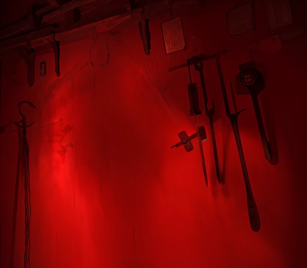 indoors,Old walls,{{red theme}},{dim},dungeon,SM tools hanging on the wall