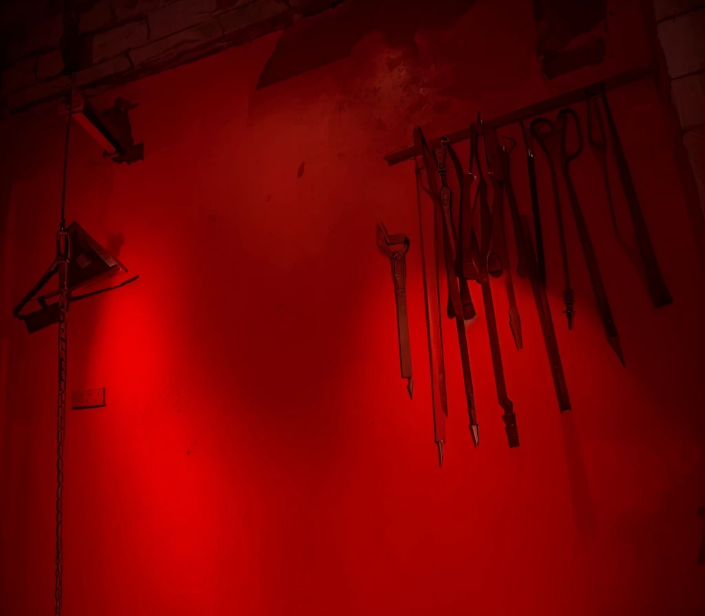 indoors,Old walls,{{red theme}},{dim},dungeon,SM tools hanging on the wall