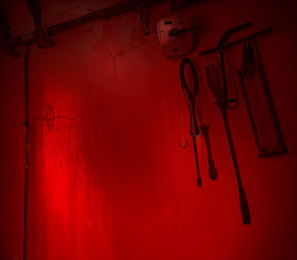 indoors,Old walls,{{red theme}},{dim},dungeon,SM tools hanging on the wall