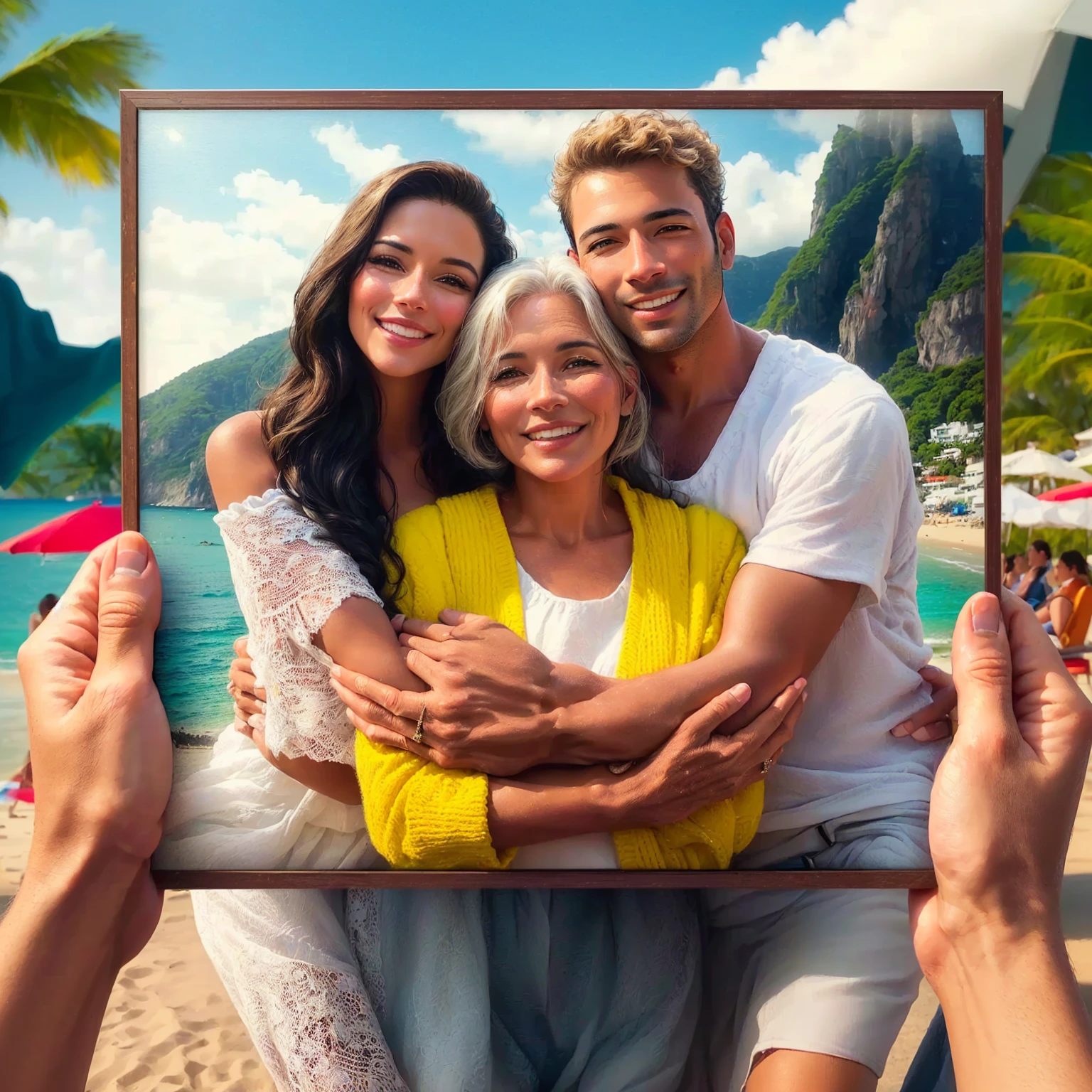 arafed woman holding a picture of a man and woman on a beach, high quality portrait, center frame portrait, detailed digital artwork, digital artwork, vacation photo, photo portrait, in - frame. photorealistic, classic portrait, large portrait, realistic portrait photo, photorealistic photo, photo realistic portrait, portrait realistic photograph, portrait photoreal, photo realistic style
