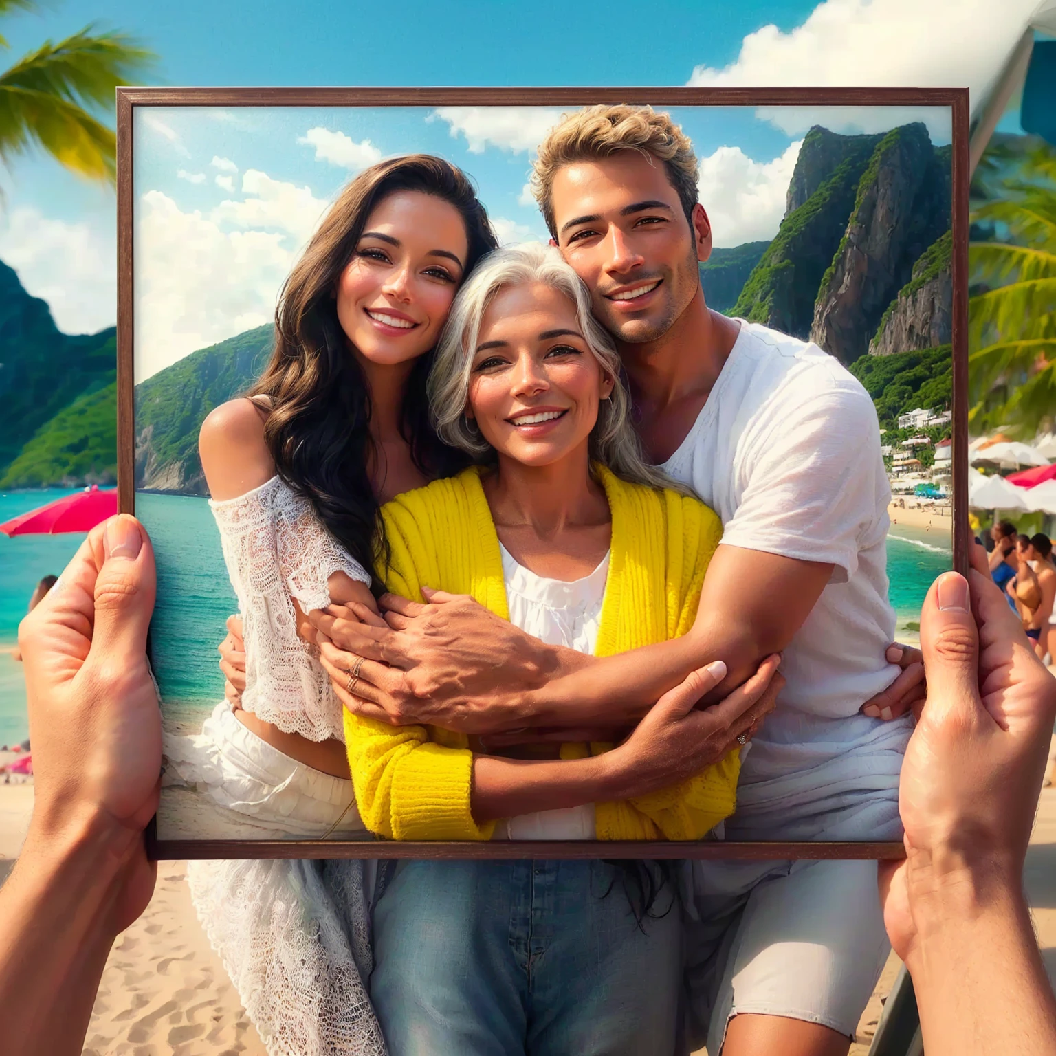 arafed woman holding a picture of a man and woman on a beach, high quality portrait, center frame portrait, detailed digital artwork, digital artwork, vacation photo, photo portrait, in - frame. photorealistic, classic portrait, large portrait, realistic portrait photo, photorealistic photo, photo realistic portrait, portrait realistic photograph, portrait photoreal, photo realistic style