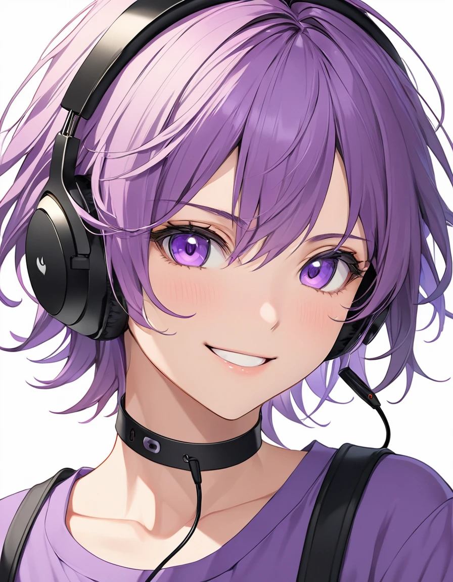 High-resolution anime digital art, Masterpiece, upper body, tomboy, mature, sexy, smart, hair color black, hairstyle short, real detail eyes pupil purple, long purple plain shirt, black chokers, black headphone wireless, Happy face (simple background, white background)