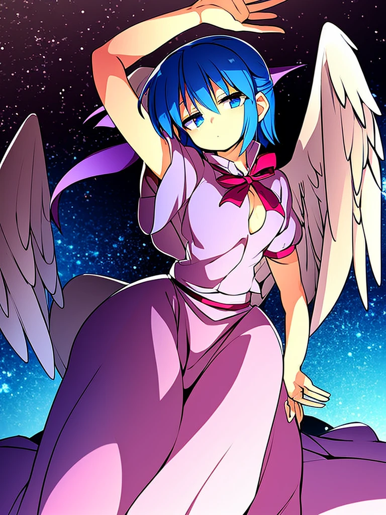 masterpiece, best quality, 1girl, , , 10 years old, medium blue hair, hair flaps, pink ribbon on head, well-formed face, blue eyes, angel girl, white blouse, puffy short sleeves, red ribbon, angel wings, long white skirt, red shoes, frills, ribbon head, from behind, to lift up one’s skirt, cowboy shot, from front, standing , raise one leg, crossed arms, arms up behind, arms behind back, hand between legs, put hands hip, one hand on hip, forward hands, arms raised in the air, punch hands, peace sign, waving, put up index finger, sit, lie down, closed eyes, lie face down, looking back, put one hand chest, leaning forward, cleavage, close up, horizontally outstretched arms, horizontally outstretched legs, front view, front face