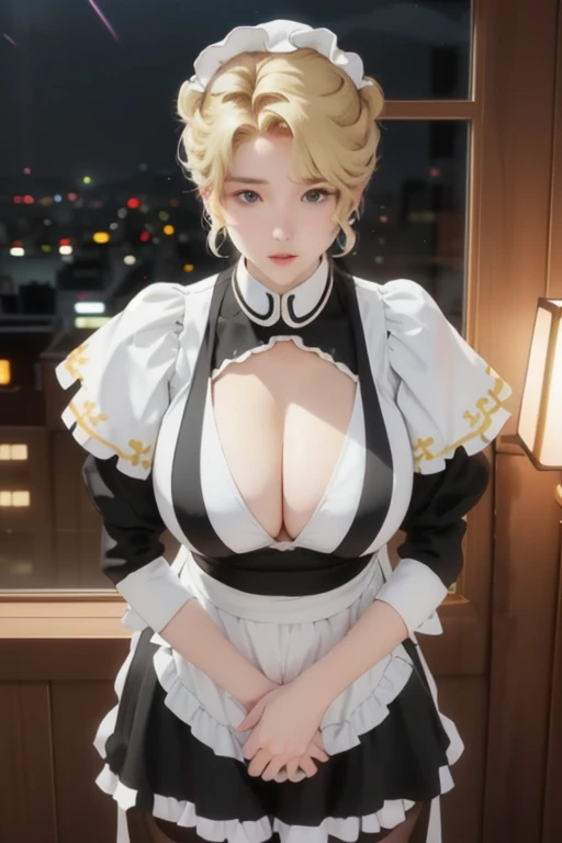 (night:1.7), Japan, Tokyo, city View, Before Window,
stand at attention,
肩上披着一件白色和的skirt,
(Black_hose), maid_apron, maid_Headdress, maid_long_skirt, Gloves,
Blonde hair, short hair, Hair Bun,
1 girl, 24 years old,Maturle,beautiful Finger,beautiful long legs,beautiful body,beautiful Nose,beautiful character design, Perfect eyes, perfect Face,
Looking at the audience, In the center of the image,
Not suitable for working hours,Official Art,Extremely detailed CG unity 8k wallpaper, Perfect lighting,rich and colorful, bright_front_Face_light,
(masterpiece:1.0),(the best_quality:1.0), 超high resolution,4K,Extremely detailed,
photography, 8K, Human Development Report, high resolution, absurd:1.2, Kodak Portra 400, Film Grain, Blurred background, Bokeh:1.2, lens flare, (Energetic_color:1.2)
(beautiful,Large target_breast:1.4)leavage)))(beaute:1.5),(narrow_waist),