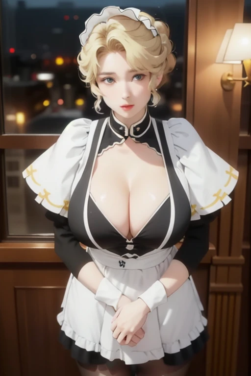 (night:1.7), Japan, Tokyo, city View, Before Window,
stand at attention,
肩上披着一件白色和的skirt,
(Black_Pantyhose), maid_apron, maid_Headdress, maid_long_skirt, Gloves,
Blonde hair, short hair, Hair Bun,
1 girl, 24 years old,Mature female,beautiful Finger,beautiful long legs,beautiful body,beautiful Nose,beautiful character design, Perfect eyes, perfect Face,
Looking at the audience, In the center of the image,
Not suitable for working hours,Official Art,Extremely detailed CG unity 8k wallpaper, Perfect lighting,rich and colorful, bright_front_Face_light,
(masterpiece:1.0),(the best_quality:1.0), 超high resolution,4K,Extremely detailed,
photography, 8K, Human Development Report, high resolution, absurd:1.2, Kodak Portra 400, Film Grain, Blurred background, Bokeh:1.2, lens flare, (Energetic_color:1.2)
(beautiful,Large target_breast:1.4), (((Cleavage)))(beautiful_Face:1.5),(narrow_waist),