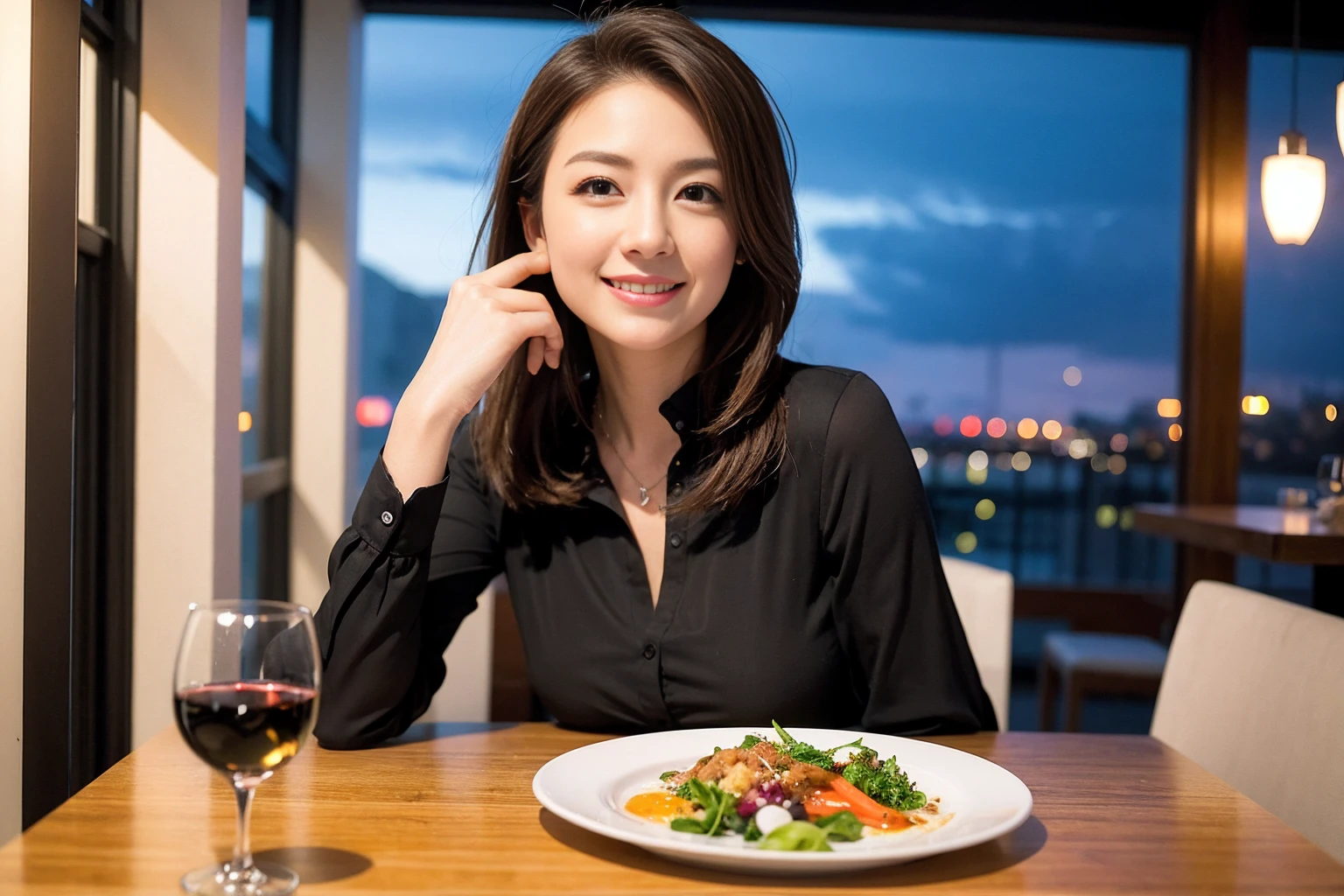 ((Highest quality、8K、masterpiece:1.3))、slimカップル、modelカップル、(Realistic, Intricate details:1.2), full-course dinner、Wine Party、Amazing view of the sunset sky and clouds、A bright smile、The wonderfulness of smile、Bright image、The beauty of wine, Beautiful Face, blue eyes, The light shines on your face, Blushing, short hair,Bright Face、 (Age 37), 39 years old, red wine 、Appetizers、Italian food、Wine bottle、Champagne、sparkling wine、Two beauties、Brown Hair、Shortcuts、Long sleeve shirt、dress、Beautiful woman 1, (slimな顔), (The body is slim), (Brown Hair), (Shortcuts), cheeks turn a little red,Attractive beauty、restaurant, In a prominent place (From the waist up) Nova Frog Style, actress, model, Upper Body, White wine, slim, wine glass, 中央に置かれたwine glass, smile, (smile: 1.15), Beautiful fine grain, Depth f/2,saturation, High Contrast, Strong light and shadow,Moist Body:1.5、3D texture、Delicate eyes、Brown Hair、The hair is very shiny、
