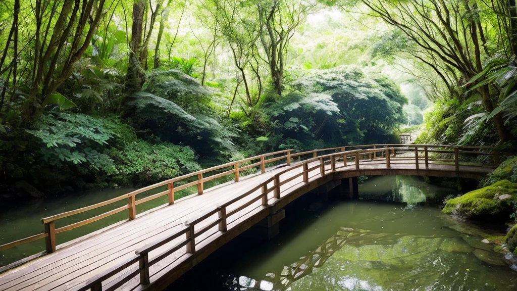 bridge: a quaint, A stream flows slowly under the wooden bridge. The bridge is old but strong, There is some moss growing on both sides.stream: Clear water flows under the bridge, Surrounded by smooth pebbles and small, Colorful fish can be seen through the water.surroundings: Lush greenery and tall trees and bushes. The sun shines through the gaps in the leaves, create a tranquility, Magical atmosphere.