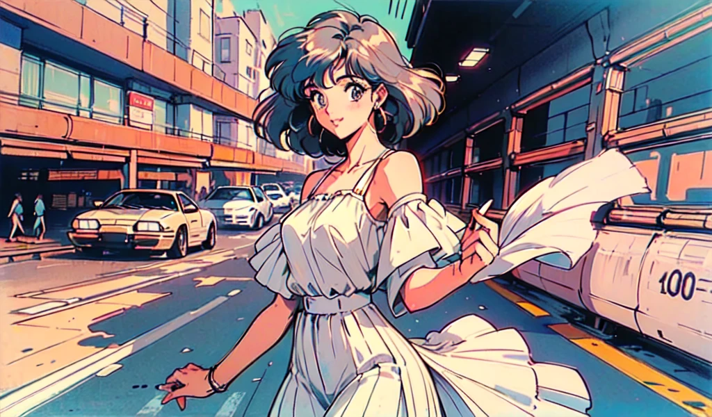 (80s, retro, city pop: 1.5), (album jacket), (famous song, highest quality), (anime, illustration), (pastel color: 1.4),
Best photo pose, dynamic angle, gray hair, bob hair,straight hair
 cool impression, shiny hair, white dress, miniskirt, girl, solo, smile, perfect eyes, delicate face, sea, drinking beer,