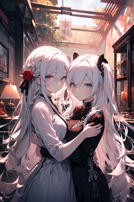 (masterpiece), highest quality, expressive eyes, Two girls standing next to each other, by Pu Hua, Featured on Art Station, gothic art, Black and white with red heart, Beautiful Gemini twins portrait, Streaming on Twitch, with long white hair, reddish, Hand in hand, anthro, beautifully rendered, hug