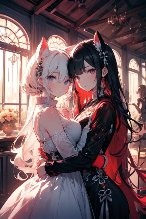 (masterpiece), highest quality, expressive eyes, Two girls standing next to each other, by Pu Hua, Featured on Art Station, gothic art, Black and white with red heart, Beautiful Gemini twins portrait, Streaming on Twitch, with long white hair, reddish, Hand in hand, anthro, beautifully rendered, hug