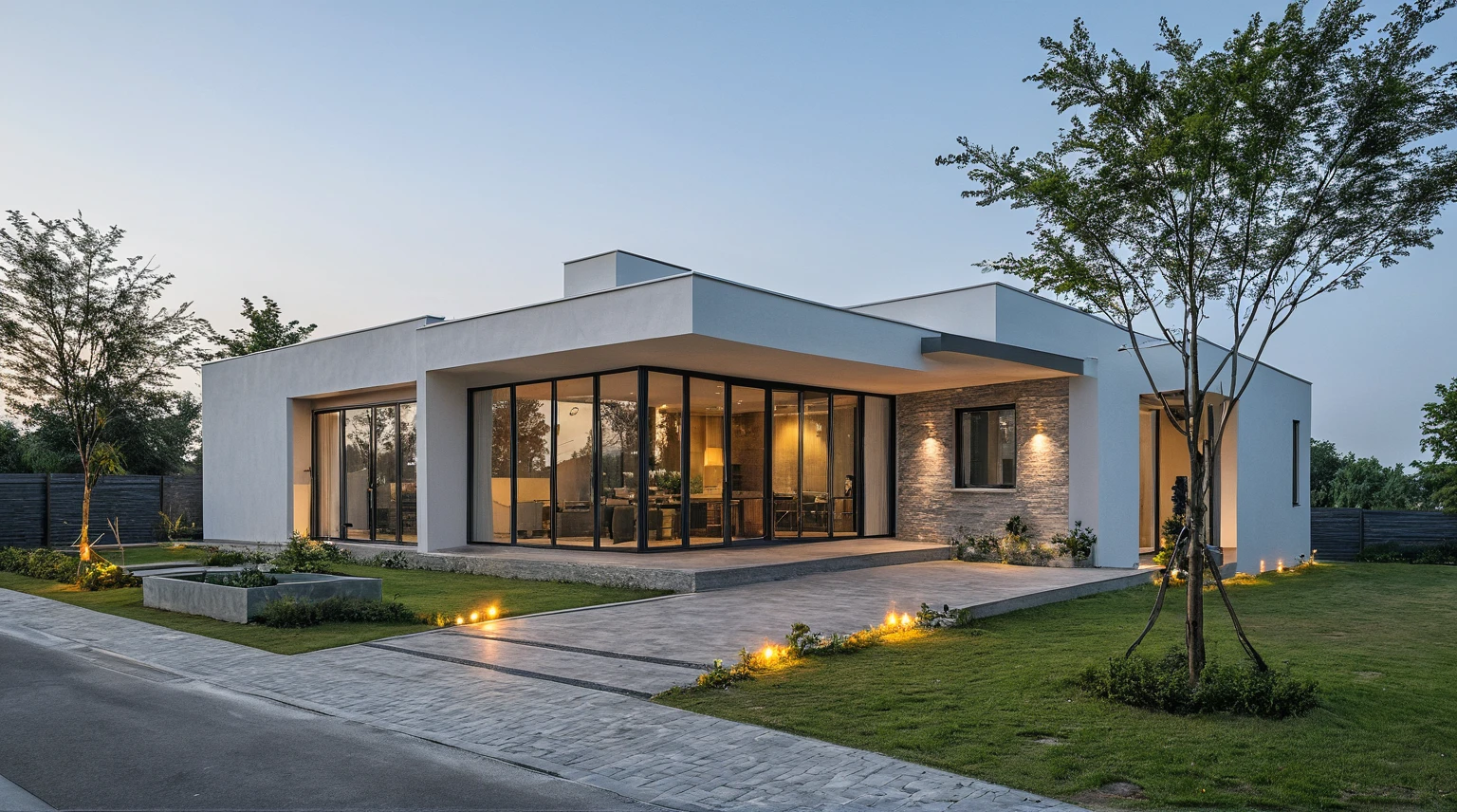 Masterpiece, high quality, best quality, authentic, super detail, outdoors, onestoreyvillaXL, aiaigroup, house style modern, white wall ,pavement, grass, trees, dusk sky, cloud, (daylight:1.1)

