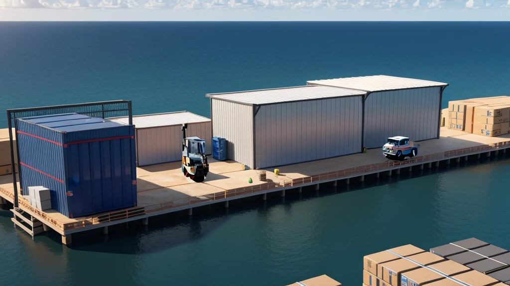 Overlooking,A pier,Forklift transporting boxes in factory,There is a simple shed,Some small boxes stacked together,3d,Concept Art Real Photos