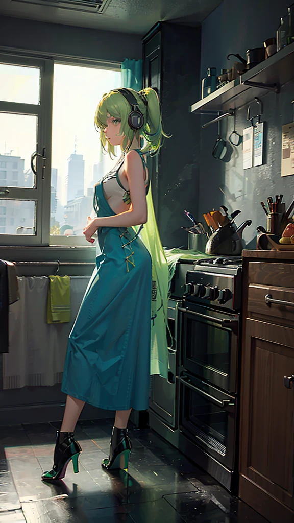 A woman with green hair stood by the window.,Put on the headphones..