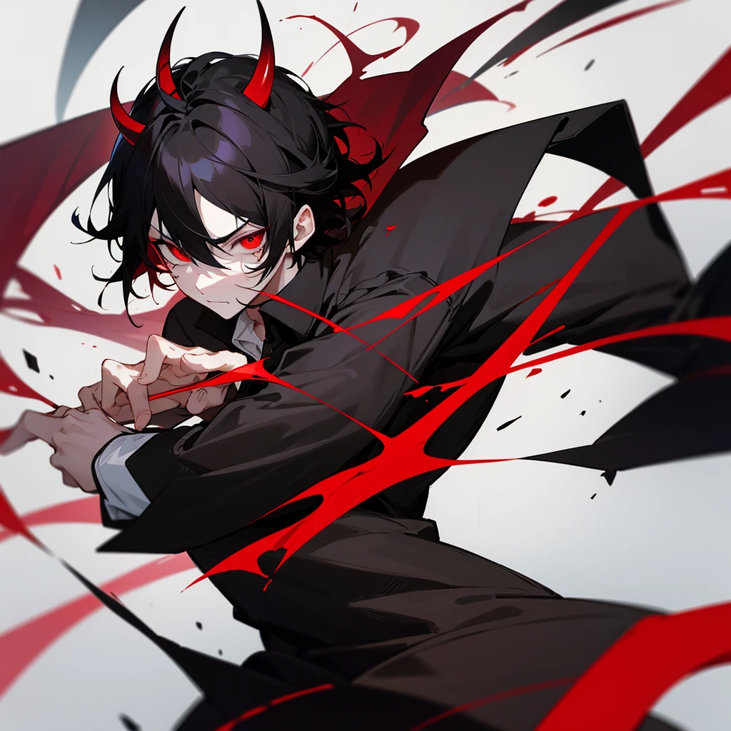 Generate anime boy with short black messy hair, red eyes, red demonic horn with black, black jacket with red lines and white shirt, black sclera of the eye, black spot on cheek, He has a red glass knife in his hand