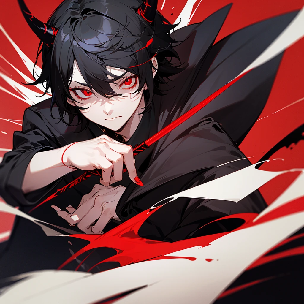 Generate anime boy with short black messy hair, red eyes, red demonic horn with black, black jacket with red lines and white shirt, black sclera of the eye, black spot on cheek, He has a red glass knife in his hand