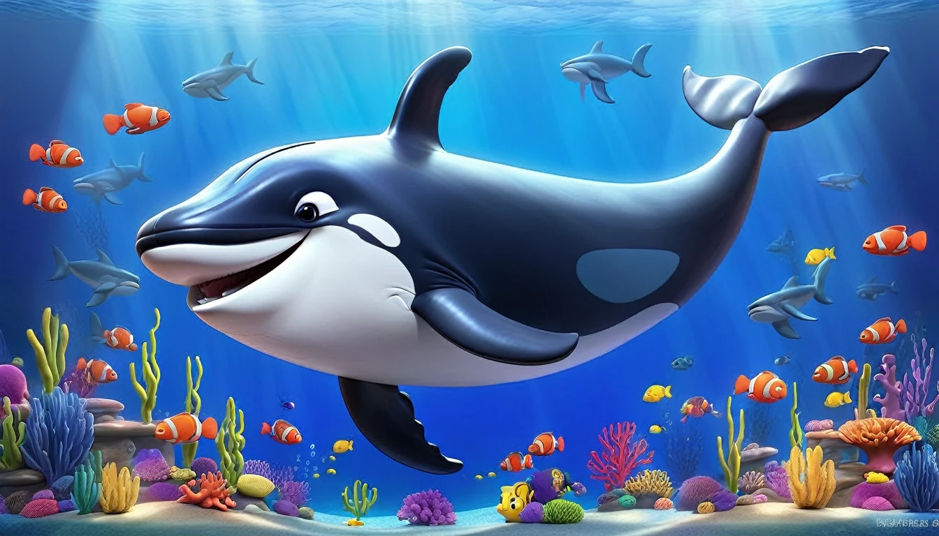 Create a 3-D Pixar style art scene for kids featuring an older whale with a gray beard. The scene should be colorful and vibrant, with an ocean background, coral reefs, and schools of fish. The overall mood should be engaging and inviting for young children.