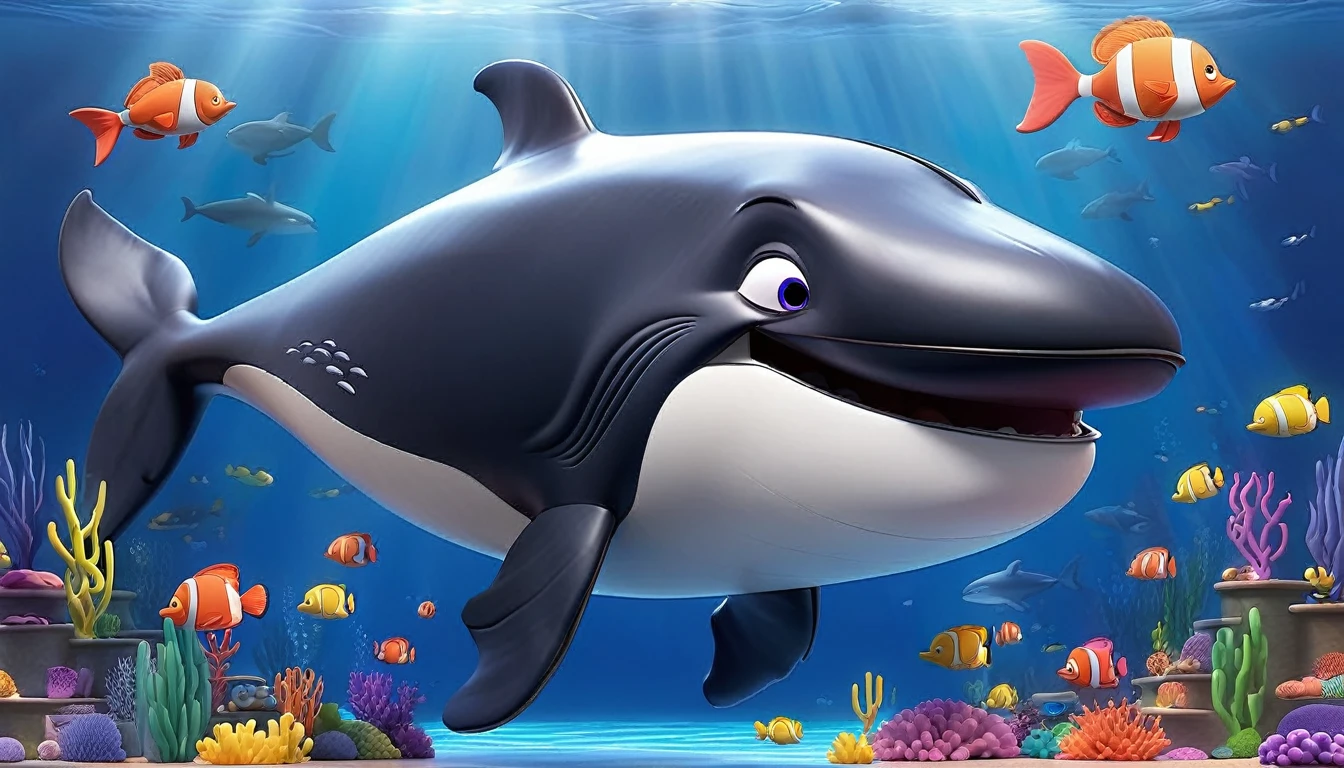 Create a 3-D Pixar style art scene for kids featuring an older whale with a gray beard. The scene should be colorful and vibrant, with an ocean background, coral reefs, and schools of fish. The overall mood should be engaging and inviting for young children.