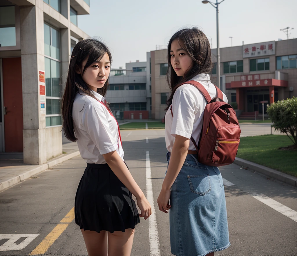 Chinese female high school student,Graduated from high school,Looking back at a boy walking out of the school