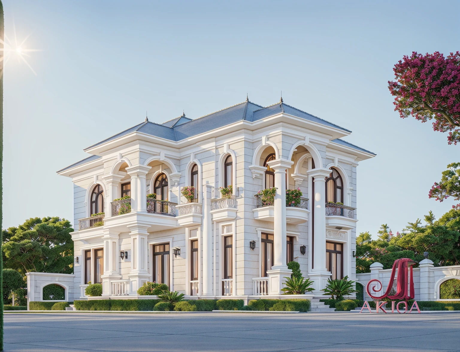 PLATEFORME KTHOUSE, Beaucoup de belles fleurs rouges le long de la route:1.3, Romantique, 1 maison de style néoclassique, La maison de ville est faite de murs blancs, Belle lumière, journée de beauté, ensoleillé, Beaucoup de bougainvilliers rouges le long de la route:1.3, belle sensation de jeunesse :1.2, soleil à midi, Très belles ombres,