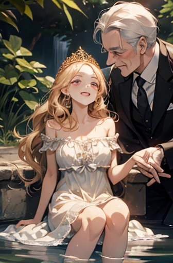 A princess and an older man are playing in water, wet dress, laughing, detailed face, golden eyes