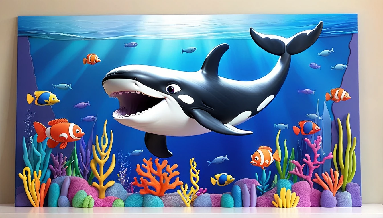 Create a 3-D Pixar style art scene for kids featuring an older whale. The scene should be colorful and vibrant, with an ocean background, coral reefs, and schools of fish. The overall mood should be engaging and inviting for young children.