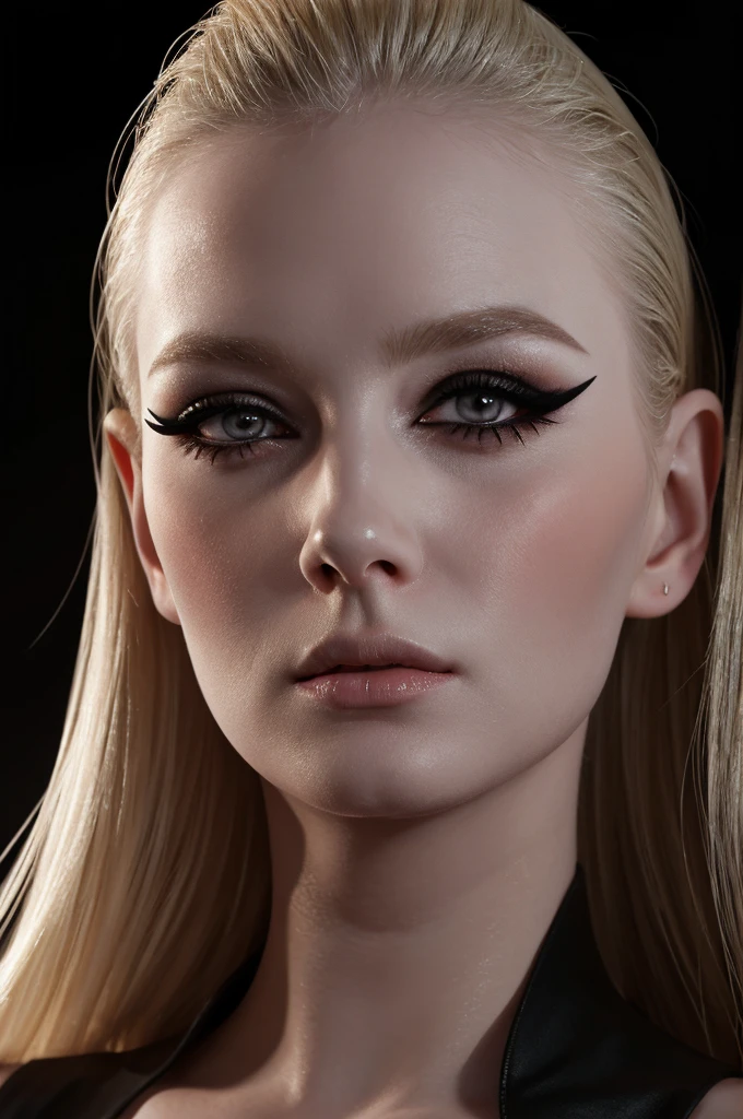 woman pretty, blonde, slicked back blonde hair ,pale skin ,eyeliner ,portrait, foxy eyeliner , makeup ,pale woman painting, eyeliner wonderful highly detailed masterpiece, beautiful light deep focus, elegant, digital painting, smooth, dramatic lighting, ultra realistic, 8k, art , black background,black background, black wallpaper