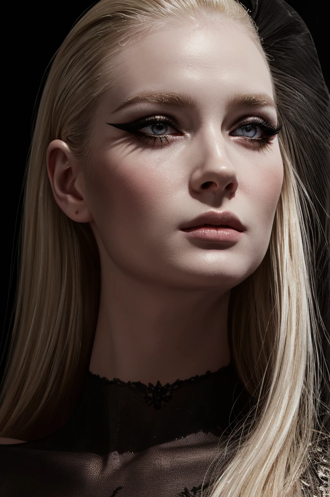 woman pretty, blonde, slicked back blonde hair ,pale skin ,eyeliner ,portrait, foxy eyeliner , makeup ,pale woman painting, eyeliner wonderful highly detailed masterpiece, beautiful light deep focus, elegant, digital painting, smooth, dramatic lighting, ultra realistic, 8k, art , black background,black background, black wallpaper