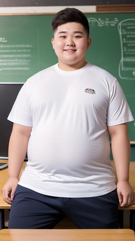 high quality,ultra detailed,best quality,Fat man,18 years old,detailed face, white short sleeve shirt transparent with sweat,school uniform,classroom,sitting on desk,full body, Sweaty,chubby,fat,smile, arms behind head,