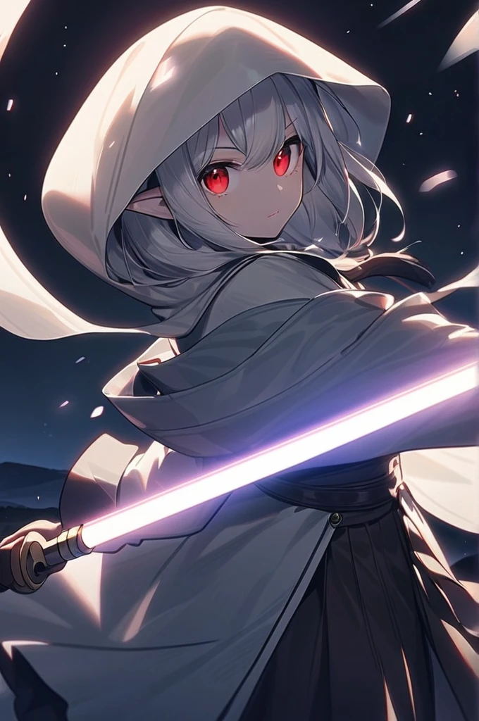 ((Лучшее качество)), ((шедевр)), (подробный), genpro 1 girl, cloak, energy sword, gloves, glowing, incandescent sword, glowing weapon, holds, holds sword, holds weapon, hood, hooded hood, hooded cloak, lightsaber, looks at the viewer, night, pointed ears, red eyes, solo, sword, weapon, white hair,