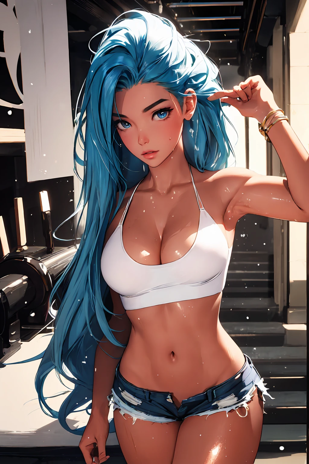 (best quality: 1.2), clean face, (masterpiece: 1.2, 8k)(PureErosFace_V1: 0.7), perfect anatomy, 1girl,a beautiful fashion model ,(masterpiece, official art, best quality) (wet skin, shiny skin) ,long and shiny hair, blue hair with streaks in hair, long hair, full lips, upturned nose , big breasts, looking at viewer, revealing outfit, absurdity, intricate details, dynamic pose, club, cinematic lighting, (highly detailed skin: 1.2), wearing
short shorts and a tight white top, cleavage, torn clothes, thong straps