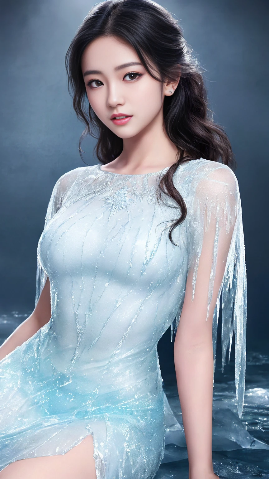 最high quality、high quality、Best image quality、8K、最High resolution、High resolution、最high quality、masterpiece、RAW Photos、whole body写真、Detailed and realistic human body、Detailed and realistic skin、Realistic face in every detail、Detailed and realistic eyes、Detailed and realistic lips、Detailed and realistic teeth、Detailed and realistic ears、Detailed and realistic hair、Realistic reproduction of every detail、((Beautiful Hands(thumb1、reference4))、Realistic feet down to the last detail、((Beautiful Japanese Girl))、(Japanese Model)、 Year old beautiful girl))、(Black Hair)、(Random Hairstyles)、((whole body))、((Slim and perfect figure))、(Beautiful and firm breasts)、(whole body光沢肌、Fair skin)、((Mysterious Cloth Wrapped in Ice(A dress made of ice))、((Frozen Dress))、((The cool dress shows off her curves...))、((Her skin is clearly visible through her ice dress..))、Sexy pose
