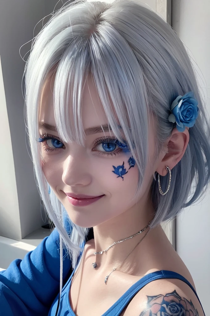 woman、Silver Hair、Bob Hair、Blue Messi、blue eyes、Gal、Black hot pants、Blue hoodie、Blue hairpin、Little devilish smile、White tank top、Blue rose tattoo on right cheek