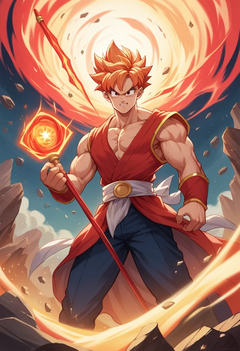 source_anime, score_9, score_8_up, score_7_up, score_6_up, score_5_up, score_4_up, masterpiece, best quality, detailed, 8k, sayian, dragon ball, hair parted from middle, orange hair, holding a staff, god of destruction, red energy, energy swirling, muscles, elegant outfit,
