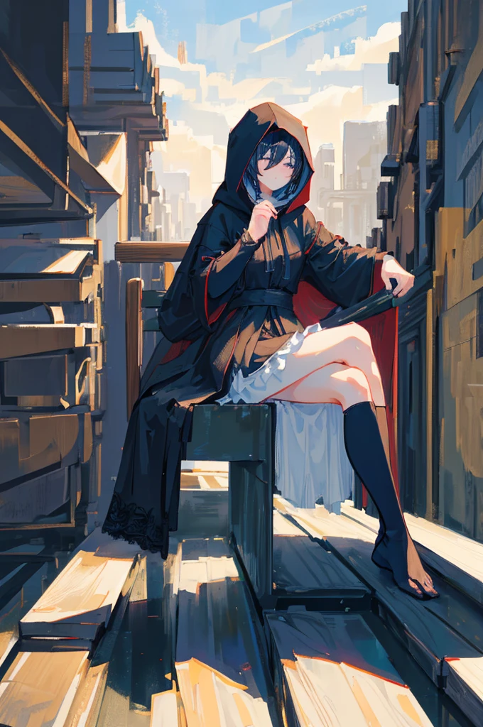 (masterpiece,high quality:1.2),(real picture, intricate details), (1lady, solo,full body),Wearing a black robe with lace,Wearing a black hood,hood covers his eyes,black hair,Slightly curlyhair,Beautiful,cold expression,background castle,sit on seat,Cross your feet,Erlang legs