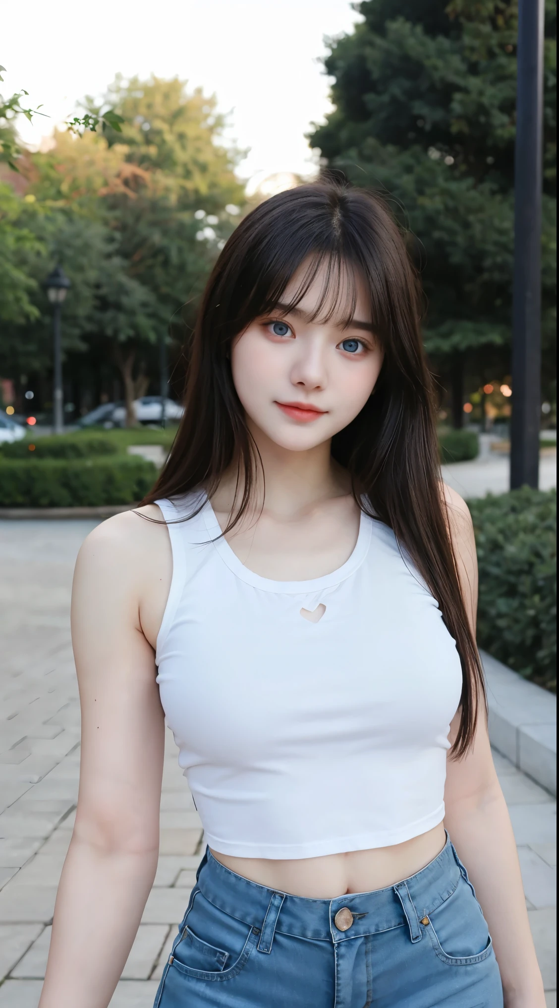 Gorgeus Girl, Beautiful, , 20 Years Old, White Skin, Beside, Sexy Pose, wearing black tank top, Blue Eye, Bokeh, park Background, Masterpiece, asking for a hug, full body Shot, short pants