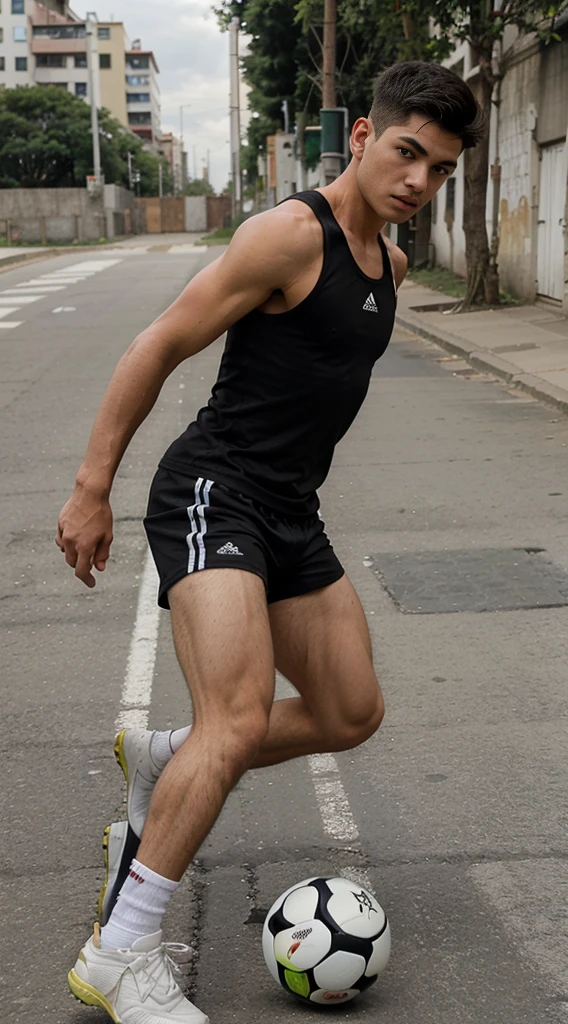  boy, street football player, athletic build, Peruvian nationality, one leg is bent and kicks a soccer ball, one foot is on the ground, full length, semi profile, wearing a white sleeveless tank top and black shorts, Excellent quality, Photo, excellent dentalization, high quality 