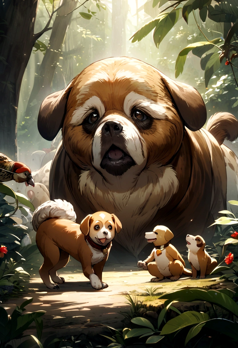 Anthropomorphic、Monkey, pheasant and dog get along well
